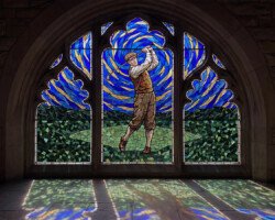 Sacred Golf Swing - Digital AI Stained Glass Window Art, Gothic Architectural Art, Digital Golf AI Art