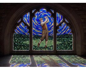 Sacred Golf Swing - Digital AI Stained Glass Window Art, Gothic Architectural Art, Digital Golf AI Art