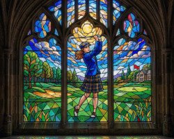 Sovereign Swing - Digital Stained Golf Glass Art, Scottish Revival Themes, Digital Golf AI Art