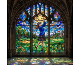 Sovereign Swing - Digital Stained Golf Glass Art, Scottish Revival Themes, Digital Golf AI Art