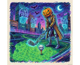 Pumpkinhead Golf Swing - Cyberpunk Gothic Pop Surrealism, Halloween Horror Iconography, Digital Golf AI Art