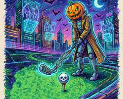 Pumpkinhead Golf Swing - Cyberpunk Gothic Pop Surrealism, Halloween Horror Iconography, Digital Golf AI Art