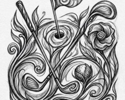 Botanical Crest - Botanical Art Nouveau Sketch Image, Monochromatic Charcoal and Graphite Drawing, Digital Golf AI Art