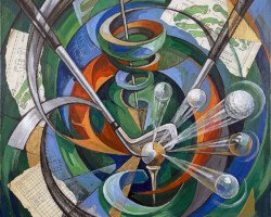 Blueprint of Impact - Futurist Cubism Golf Art, Digital Mixed-Media Painting Illustration, Digital Golf AI Art