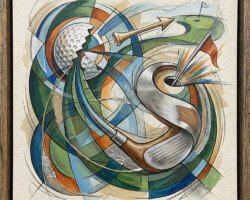 Rhythm of the Persimmon - Orphic Cubism Golf Art, Modernist Mixed-Media, Digital Golf AI Art