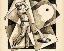 The Analytical Swing - Analytic Cubist & Ink Wash Art, Cubism and Vorticism / Precisionism, Digital Golf AI Art