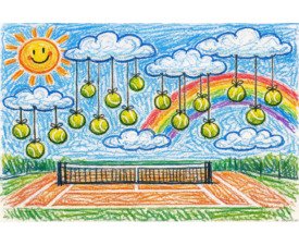Tennis Balls and Rainbows - Whimsical Children’s Storybook Art, Oil Pastel / Crayon Sketched Image, Digital Tennis AI Art