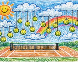 Tennis Balls and Rainbows - Whimsical Children’s Storybook Art, Oil Pastel / Crayon Sketched Image, Digital Tennis AI Art